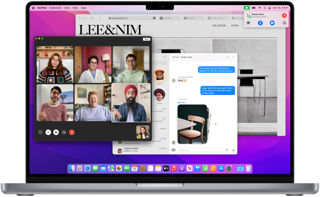 A MacBook Pro íróasztalán a Vezérlőközpont és számos megnyitott alkalmazás látható.
