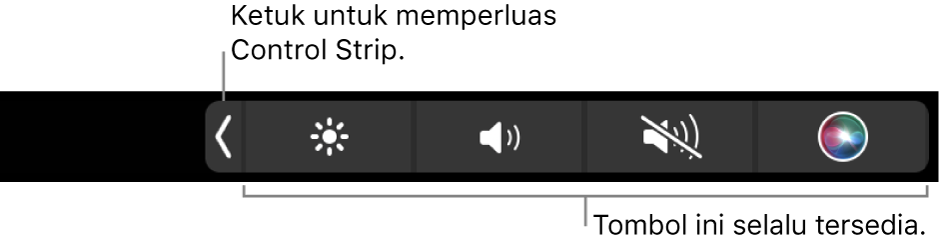Sebagian layar Touch Bar default, menampilkan Control Strip yang diciutkan. Ketuk tombol perluas untuk menampilkan Control Strip penuh.