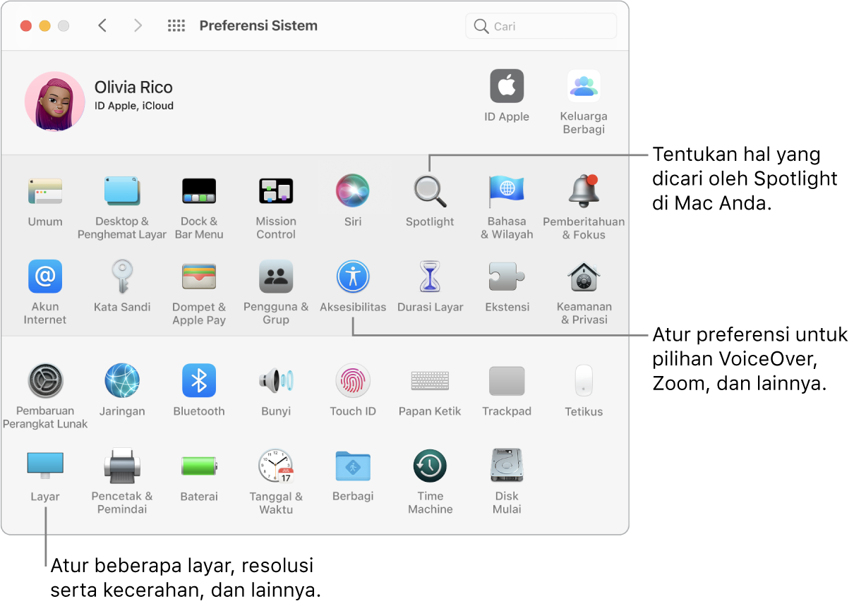 Jendela Preferensi Sistem, dengan keterangan untuk preferensi Spotlight, Aksesibilitas, dan Layar.
