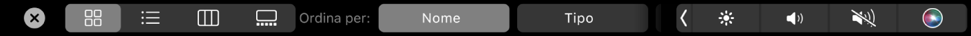 Touch Bar del Finder che mostra le opzioni di visualizzazione e ordinamento.
