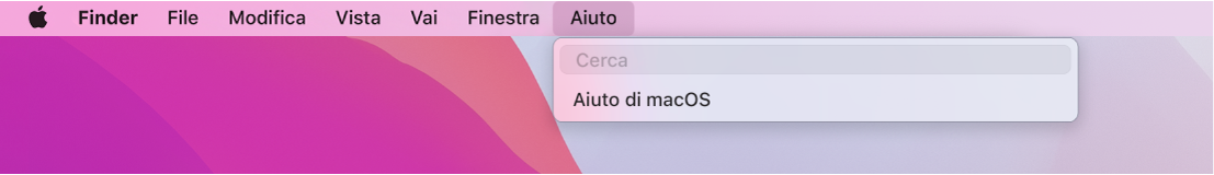 Una vista parziale della scrivania con il menu Aiuto aperto che mostra le opzioni di menu Cerca e Aiuto di macOS.