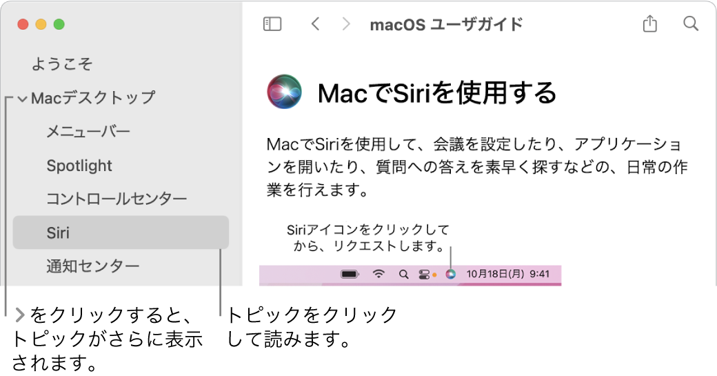 ヘルプビューア。サイドバーにリストされたトピックを表示する方法と、トピックの内容を表示する方法が示されています。