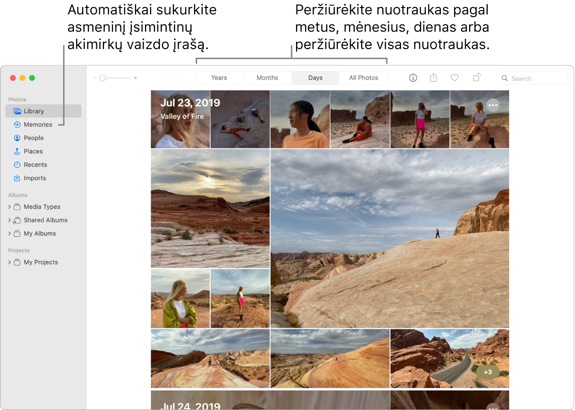 „Photos“ langas: kairėje esančioje šoninėje juostoje rodoma funkcija „Memories“, o „Photos“ lango viršuje pateikiamas iškylantysis meniu, kuriame nuotraukas galite peržiūrėti pagal dieną, mėnesį ir metus.