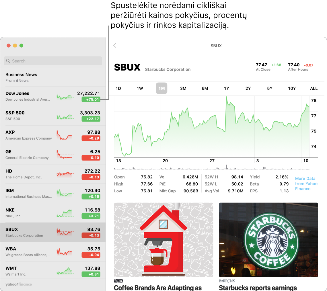„Stocks“ ekrane: rodomos istorijos ir informacija apie pasirinktas akcijas. Pateikiama nuoroda „Click to cycle between price change, percentage change, and market capitalization“ (spustelėkite norėdami perjungti kainos pokytį, procentinį pokytį ir rinkos kapitalo vertes).