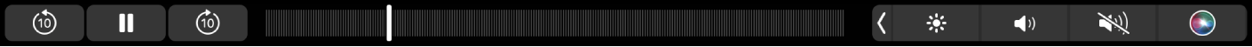 Lietotnes TV Touch Bar ar pogām attīšanai atpakaļ, atskaņošanai/apturēšanai, pārtīšanai uz priekšu un skrabera joslu navigācijai.