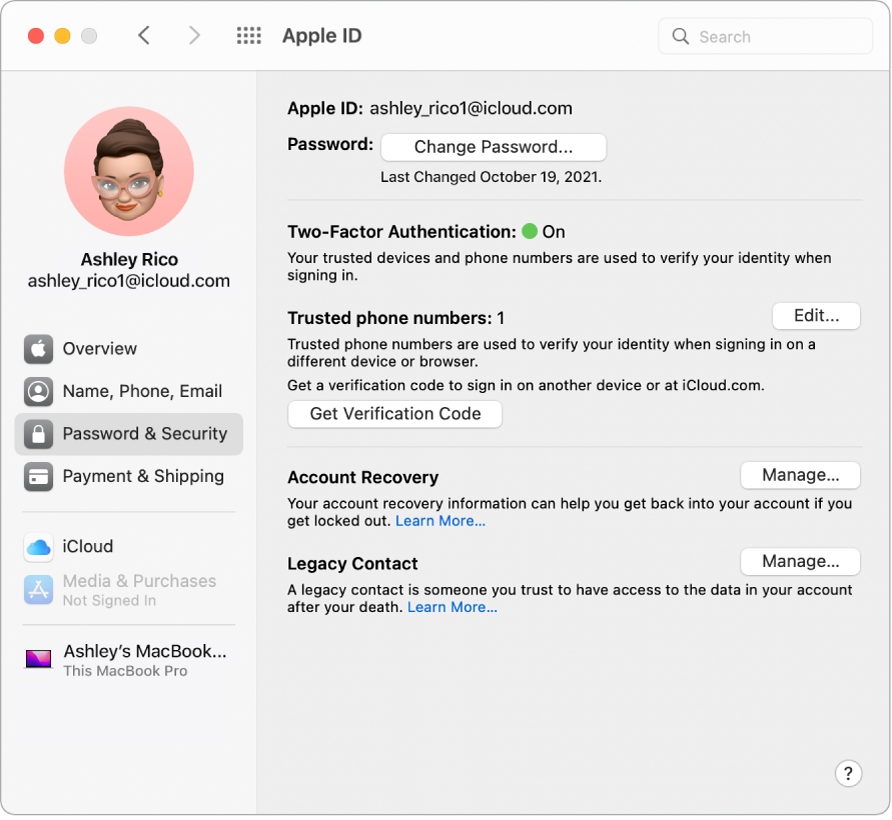 Apple ID konta sadaļas Password un Security izvēlnē System Preferences. Noklikšķiniet uz Manage, lai iestatītu opciju Account Recovery.