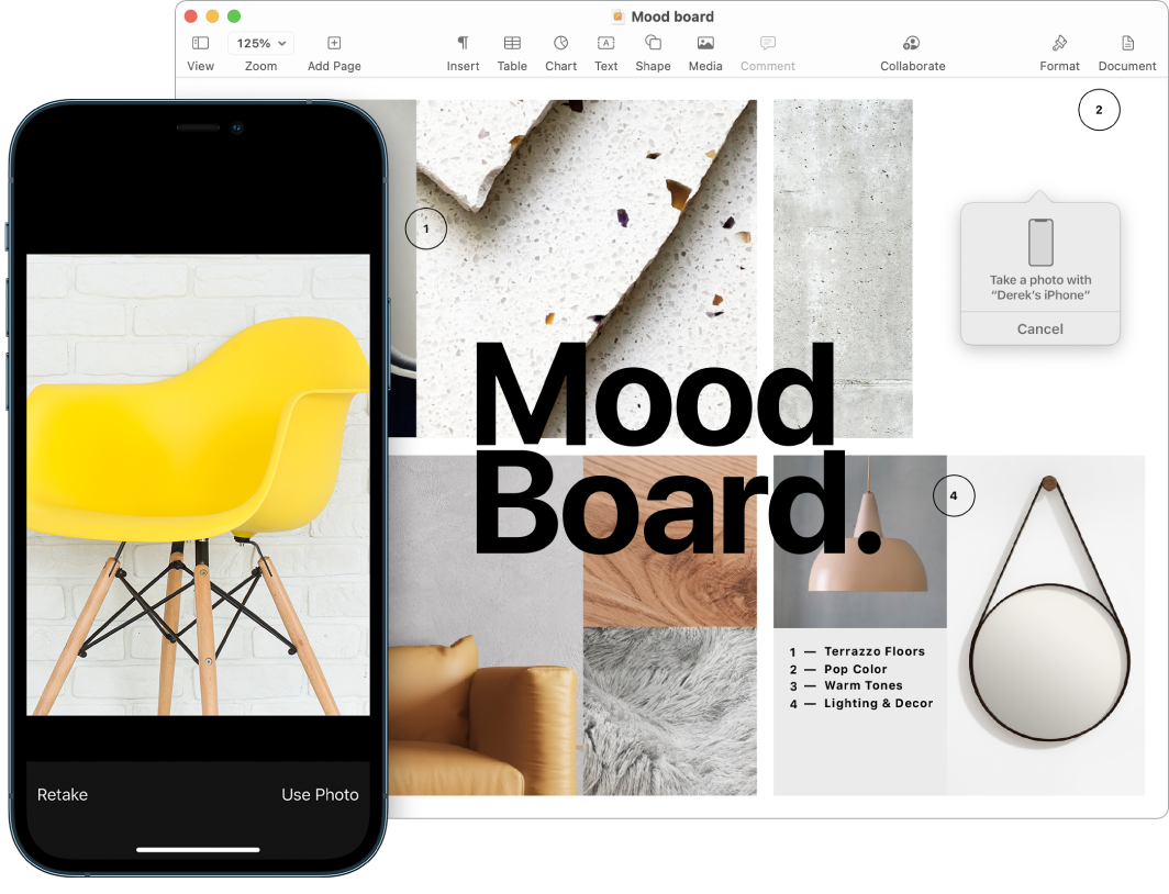 iPhone tālrunī redzams fotoattēls, Mac datora ekrānā redzams lietotnes Pages dokuments ar vaicājuma lodziņu, kur tiks ievietots attēls.