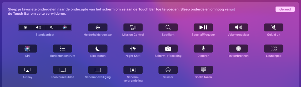 De onderdelen die je kunt aanpassen in de Control Strip door ze naar de Touch Bar te slepen.