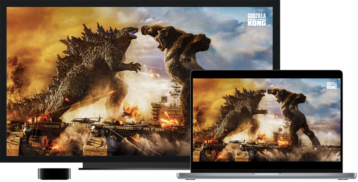 Een MacBook Pro waarvan de inhoud via een Apple TV wordt weergegeven op een grote HD-tv.