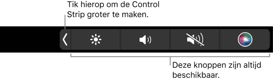 Een deel van de reguliere Touch Bar, met daarin de samengevouwen Control Strip. Tik op de uitvouwknop om de volledige Control Strip weer te geven.