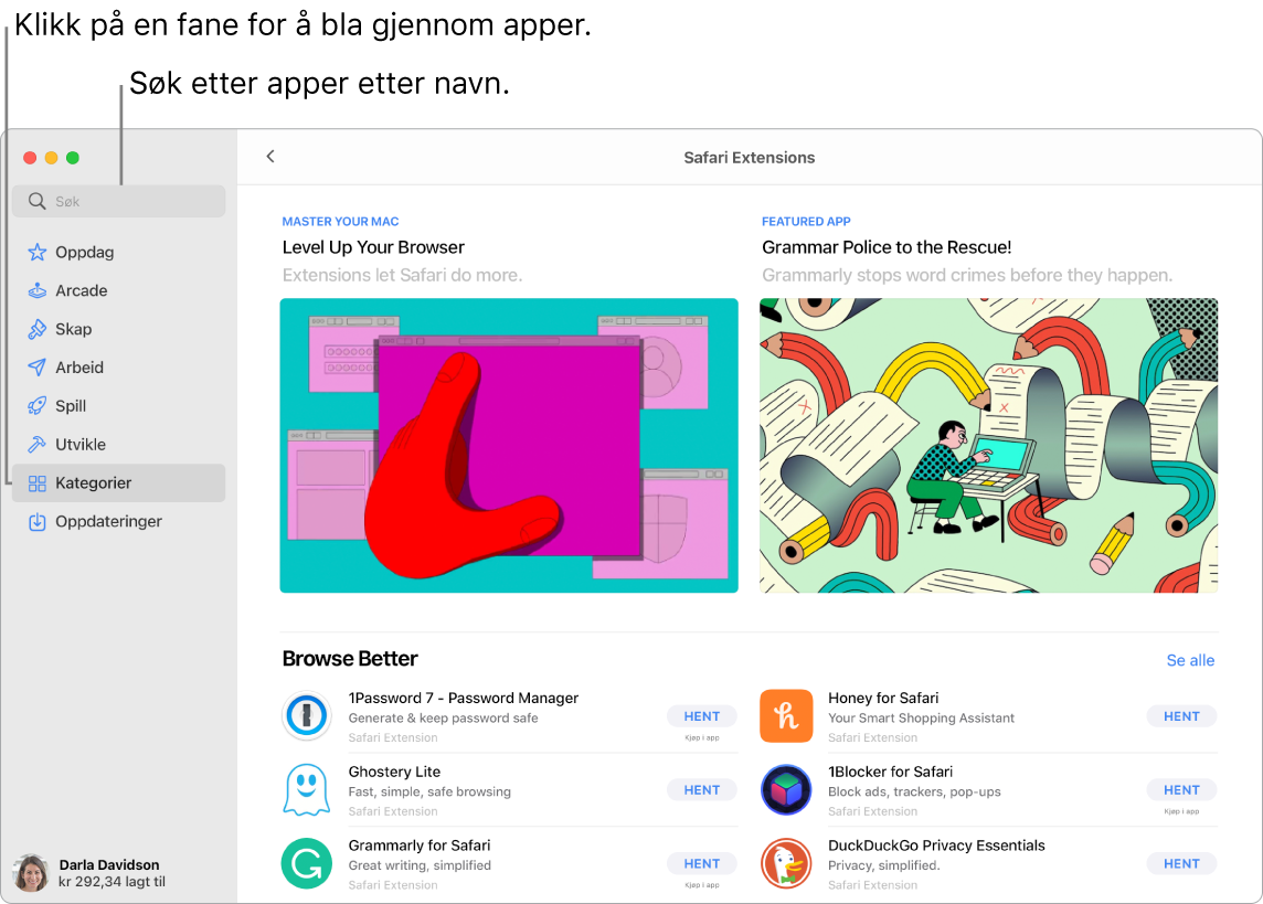 App Store-vinduet med søkefeltet og en side med Safari-tillegg.