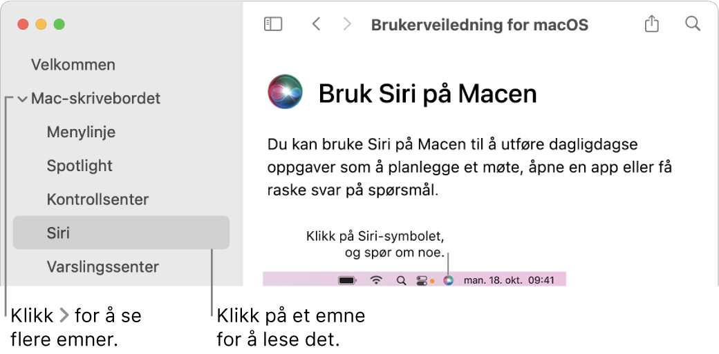 Hjelpvisning som viser hvordan du velger emner som vises i sidepanelet og hvordan du viser innholdet i et emne.