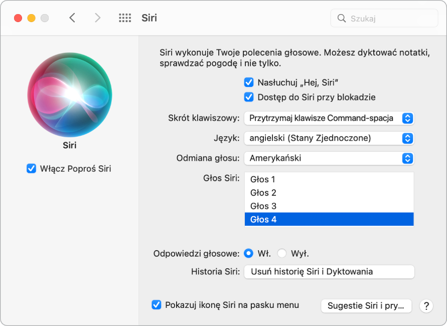 Okno preferencji Siri zawierające zaznaczone pole wyboru Włącz Poproś Siri, znajdujące się po lewej, a także opcje pozwalające na dostosowanie Siri, znajdujące się po prawej, w tym Nasłuchuj „Hej, Siri”.