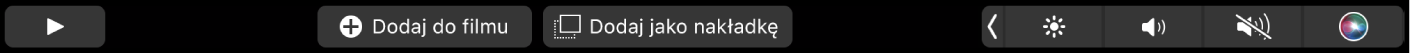 Pasek Touch Bar w iMovie zawierający przyciski służące do usuwania klipów, odtwarzania, dodawania do filmu oraz dodawania ich jako nakładki.