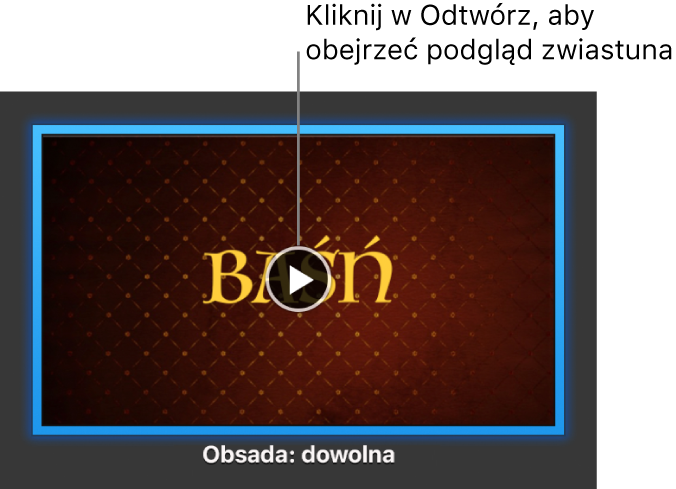 Ekran ze zwiastunem iMovie i przyciskiem odtwarzania.