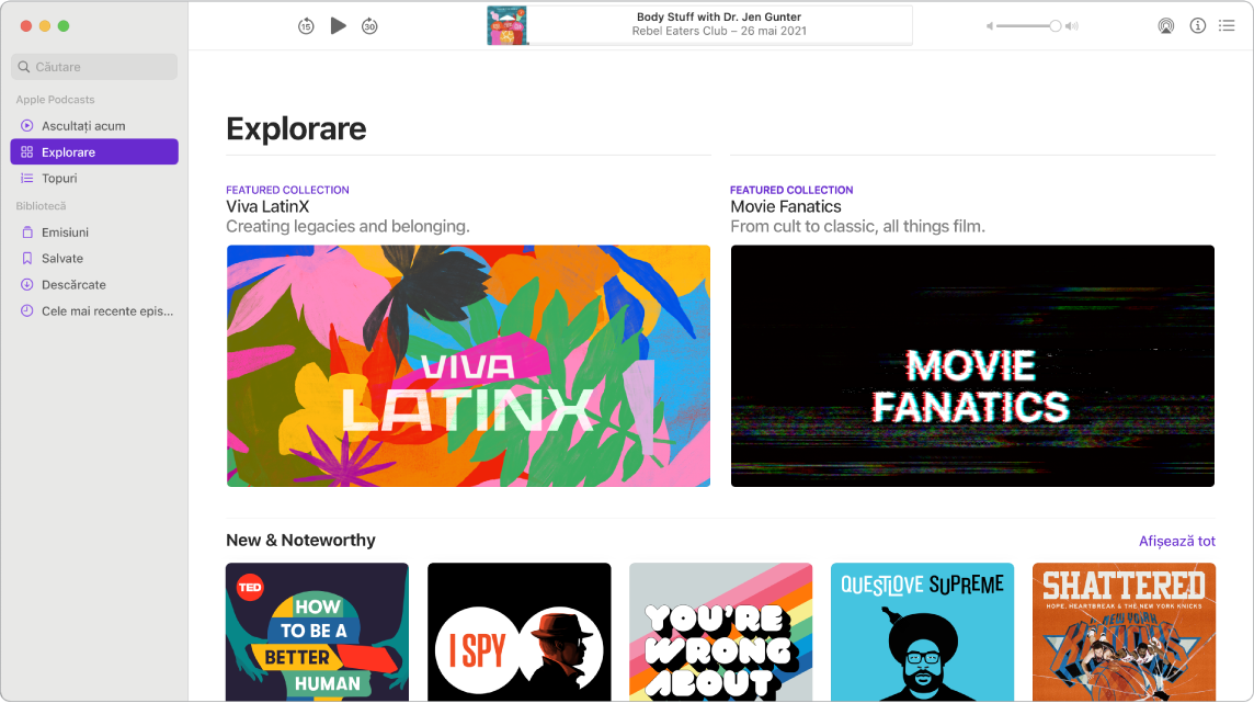 Fereastra Podcasturi afișând o coloană în stânga cu un câmp de căutare în partea de sus și opțiunile de vizualizare mai jos. Secțiunea Explorare este selectată și podcasturile sunt afișate în dreapta.