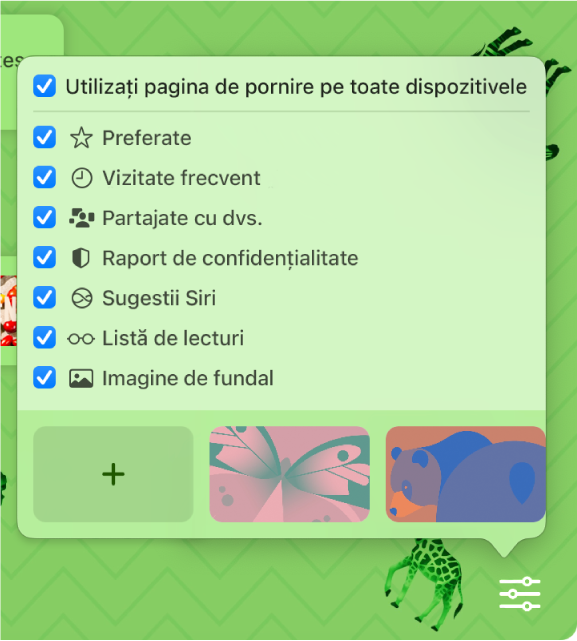 Meniul pop‑up Personalizare Safari cu casete de validare pentru Preferate, Vizitate frecvent, Raport de confidențialitate, Sugestii Siri, Listă de lecturi și Imagine de fundal.