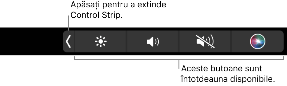 Un ecran parțial cu Touch Bar implicit, prezentând banda Control Strip restrânsă. Atingeți butonul de extindere pentru a afișa banda Control Strip completă.