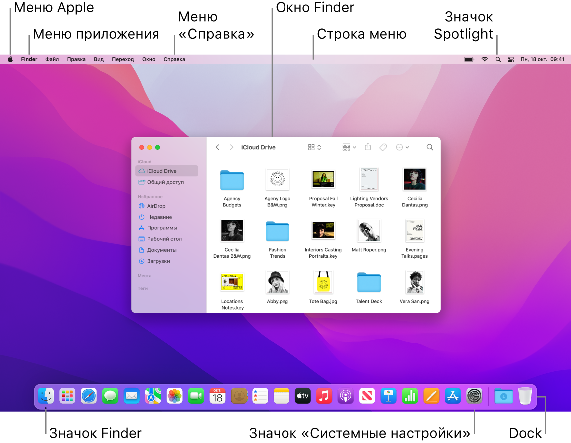 Экран компьютера Mac. Показаны меню Apple, меню приложения, меню «Справка», окно Finder, строка меню, значок Spotlight, значок Finder, значок Системных настроек и панель Dock.