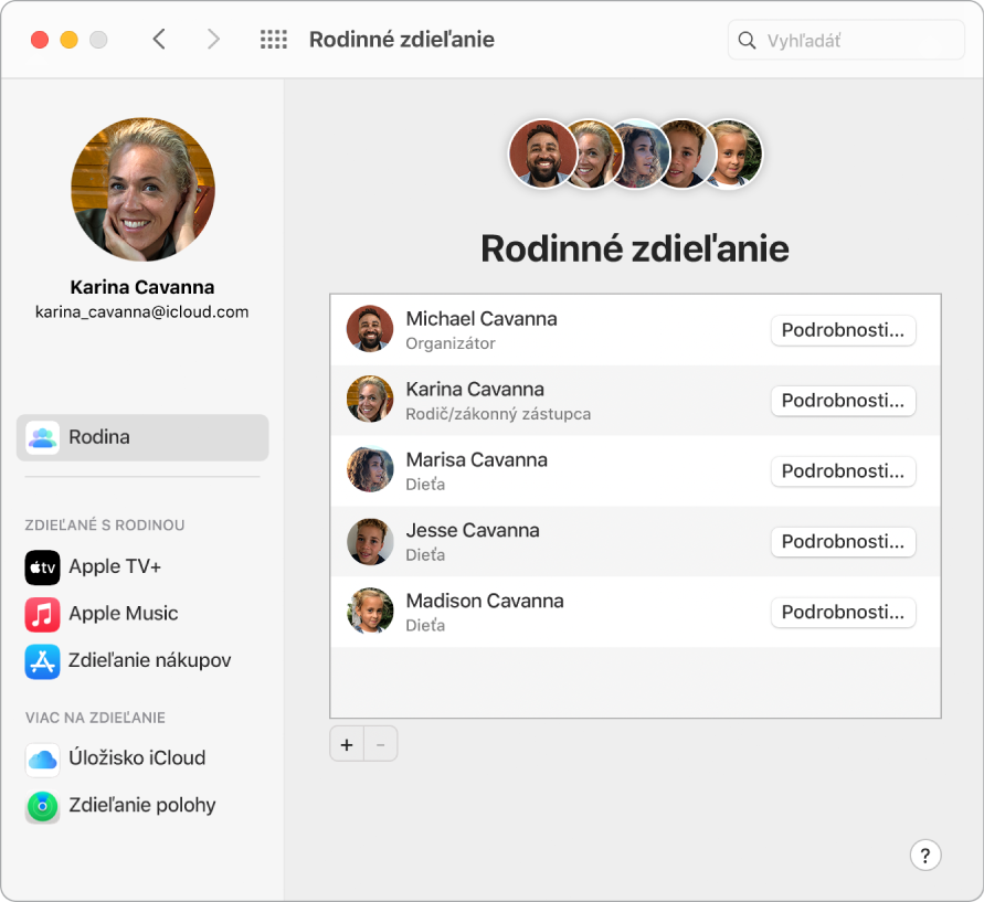 Okno nastavení zobrazujúce nastavenia pre Rodinné zdieľanie.