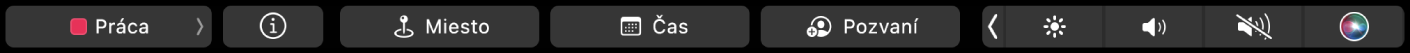 Touch Bar pre Kalendár s tlačidlami na výber kalendárov, zobrazenie podrobností udalosti, úpravu miesta, úpravu času a pridávanie pozvaných hostí.