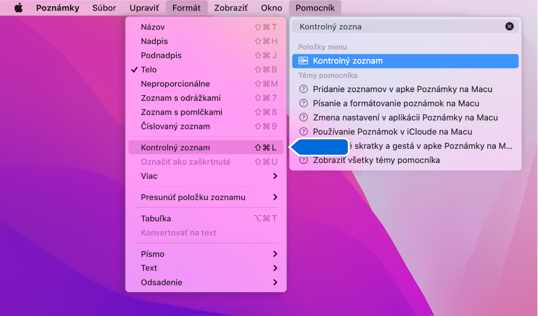 Menu Pomocníka, v ktorom je zobrazené vyhľadávanie slova „zoznam” so zvýrazneným príkazom Zoznam s odrážkami v zozname výsledkov a v menu Formát.