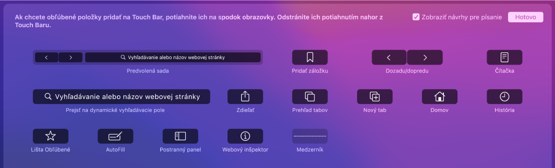 Možnosti prispôsobenia Safari, ktoré môžete potiahnuť na Touch Bar.
