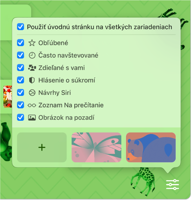 Vyskakovacie okno Úprava Safari so zaškrtávacími políčkami pre položky Obľúbené, Často navštevované, Hlásenie o súkromí, Návrhy Siri, zoznam Na prečítanie a Obrázok pozadia.