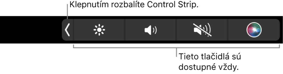 Časť obrazovky predvoleného Touch Baru so zbaleným Control Stripom. Klepnutím na tlačidlo rozbalenia zobrazíte celý Control Strip.
