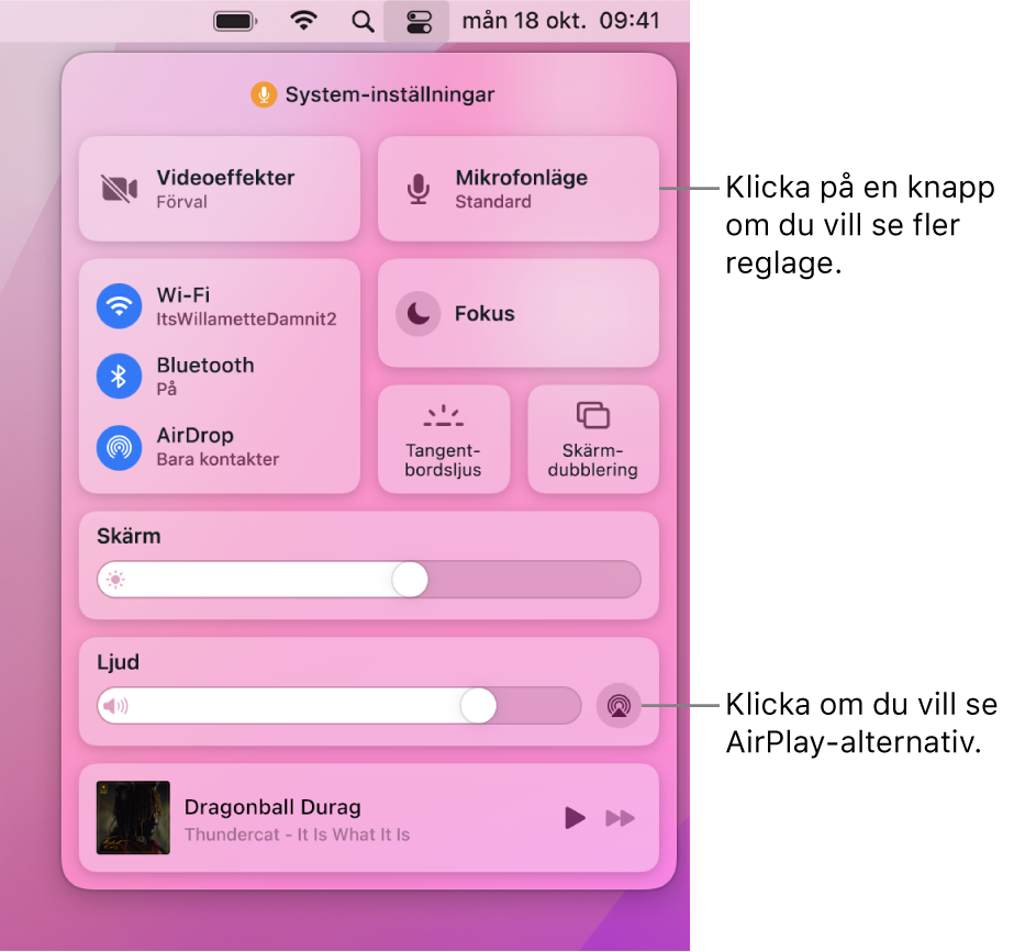 Inzoomad vy av Kontrollcenter på datorn med ett streck till bildskärmsknappen.