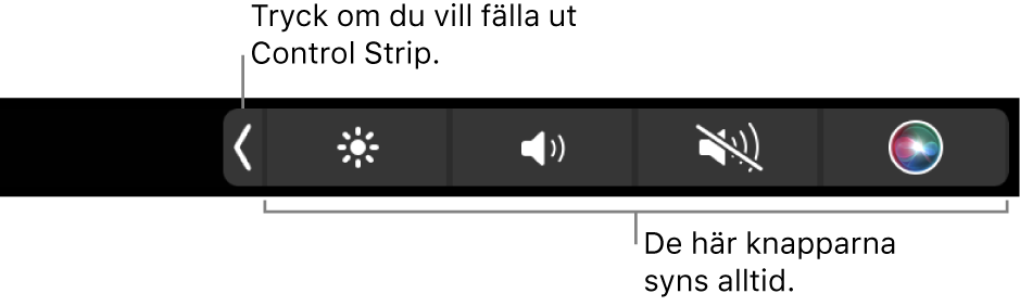 En delbild av den Touch Bar som är förval med en ihopfälld Control Strip. Tryck på knappen som fäller ut Control Strip när du vill se den i sin helhet.