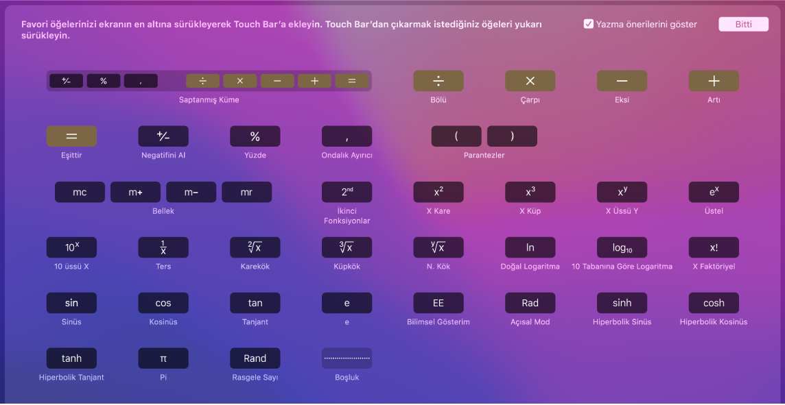 Hesap Makinesi Touch Bar’ında, Touch Bar’a sürükleyerek özelleştirebileceğiniz öğeler.