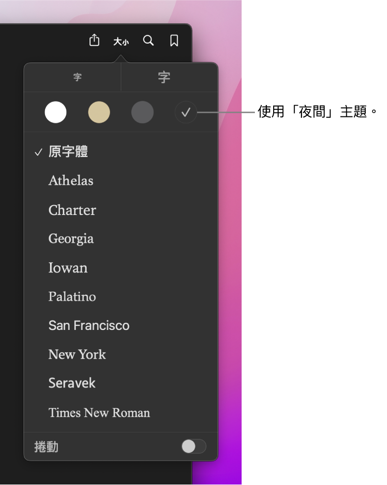 「書籍」視窗,顯示「外觀」選單。