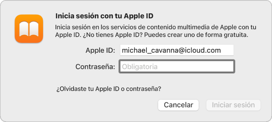 El cuadro de diálogo para iniciar sesión en Apple Books usando un Apple ID y contraseña.