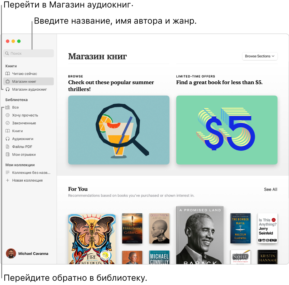 Боковое меню в приложении «Книги». Нажмите «Магазин книг» или «Магазин аудиокниг», чтобы посмотреть каталоги. Чтобы найти книгу, введите название, автора или жанр в поле поиска. Чтобы вернуться к своей библиотеке, нажмите «Все».