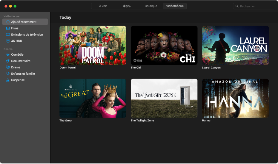 Écran qui affiche « Bibliothèque »
