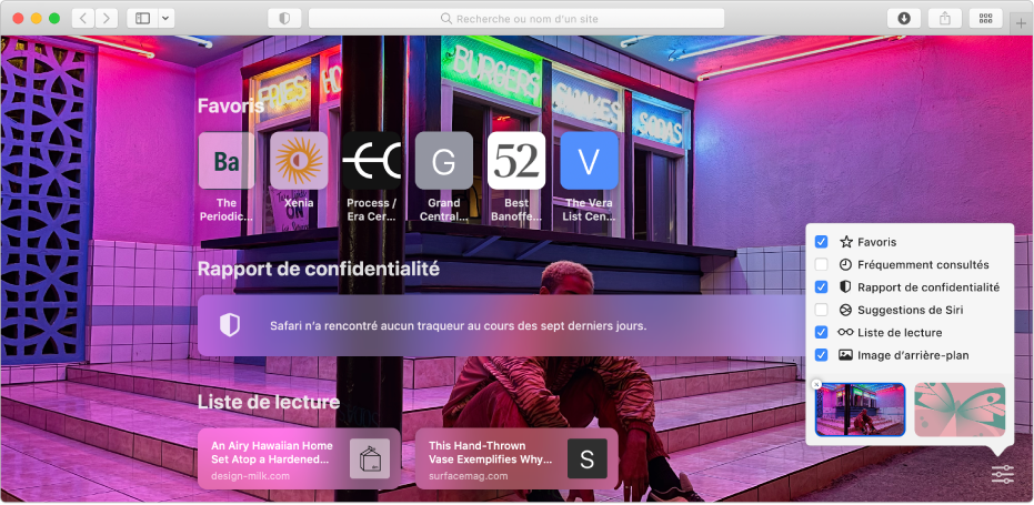La page de démarrage de Safari affichant les sites web favoris, le résumé d’un rapport de confidentialité et les options de la page de démarrage.