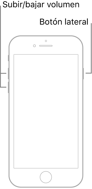 Ilustración de un modelo de iPhone con botón de inicio boca arriba. Los botones de subir y bajar el volumen se encuentran en el lado izquierdo del dispositivo y hay un botón lateral en el derecho.