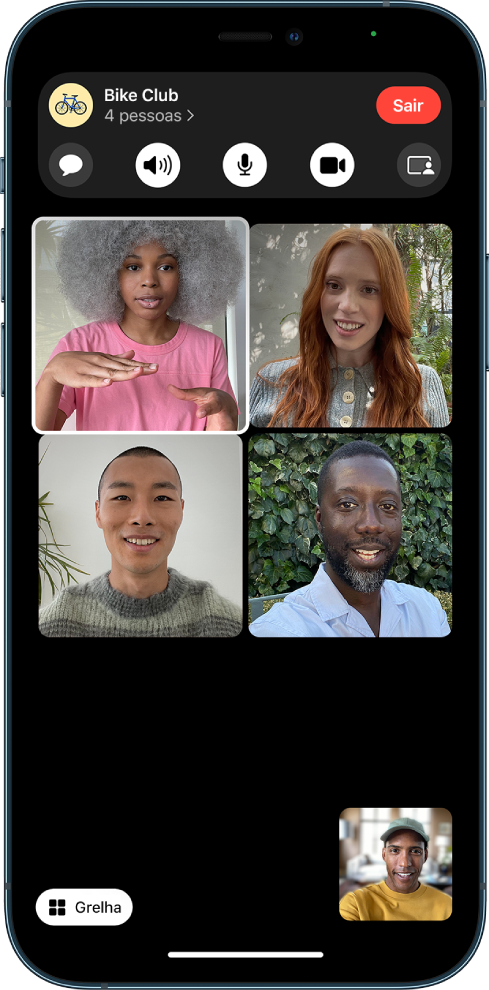 Uma chamada de grupo FaceTime na vista de grelha. Cada participante tem um mosaico de tamanho igual e o mosaico do orador está realçado.