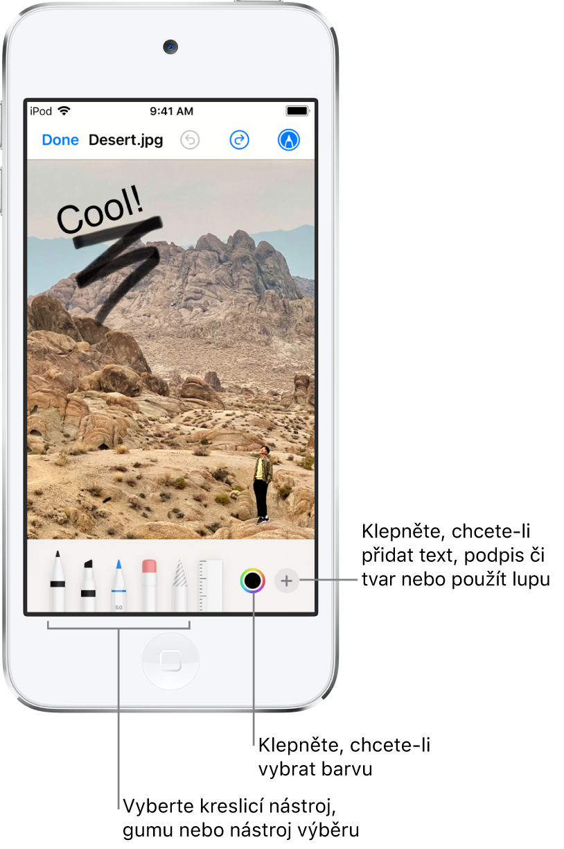 Obrázek upravovaný pomocí funkce Anotace. Pod obrázkem jsou zleva doprava vidět tlačítka nástrojů pro anotace: kreslicí pera, guma, nástroj výběru, barvy a tlačítka pro přidání textového pole, vašeho podpisu nebo tvarů a také pro zapnutí Lupy.