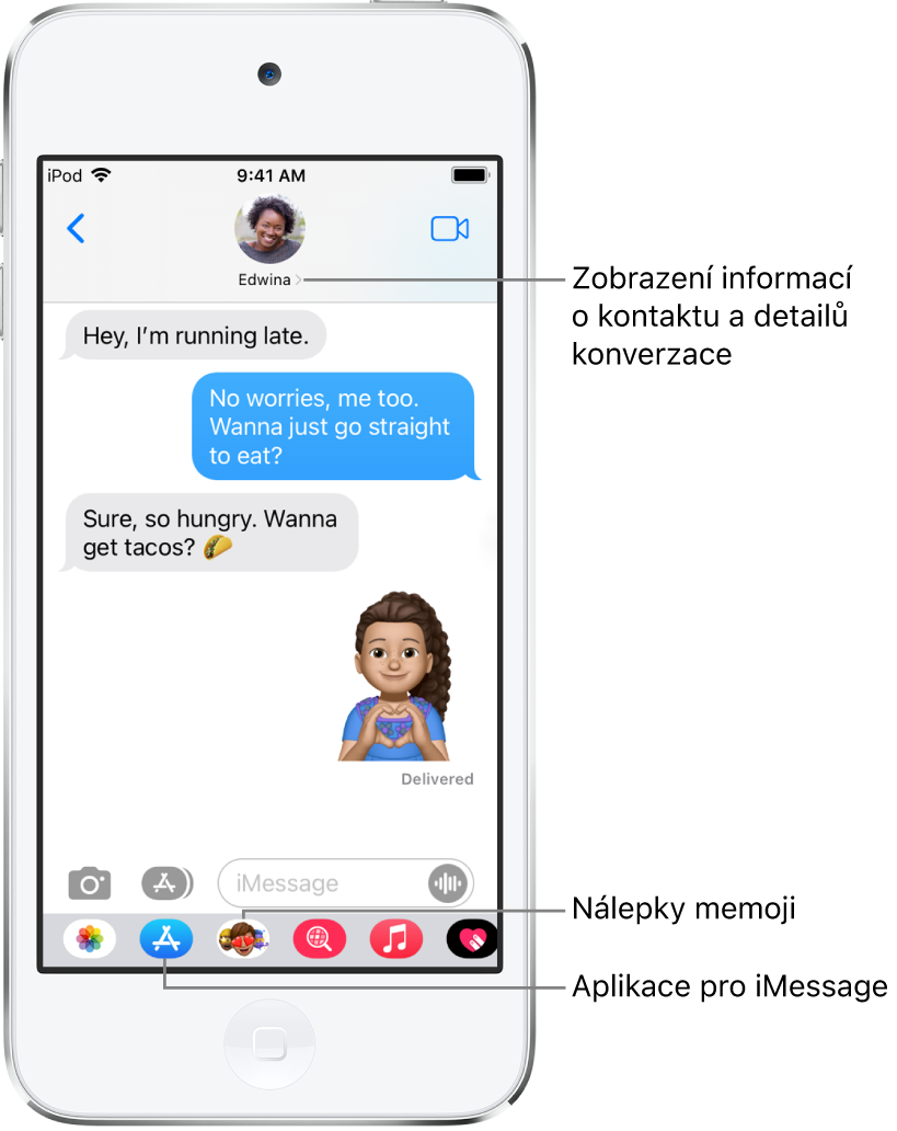 Konverzace ve Zprávách. U horního okraje se nachází zleva doprava tlačítko Zpět a jméno osoby, s kterou konverzujete. Uprostřed se zobrazují zprávy odeslané a přijaté během konverzace Podél dolního okraje jsou zleva doprava tlačítka Fotky, Obchody, Hashtagy, Hudba, Digital Touch a iMessage.