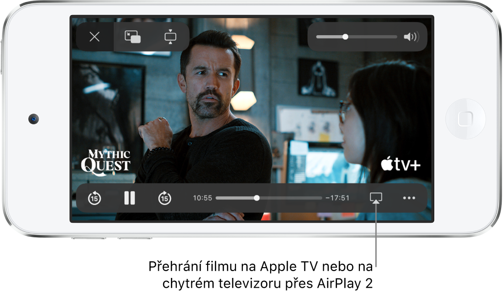 Na displeji iPodu touch se přehrává film. V dolní části obrazovky jsou vidět ovládací prvky pro přehrávání a mezi nimi vpravo dole tlačítko AirPlay.