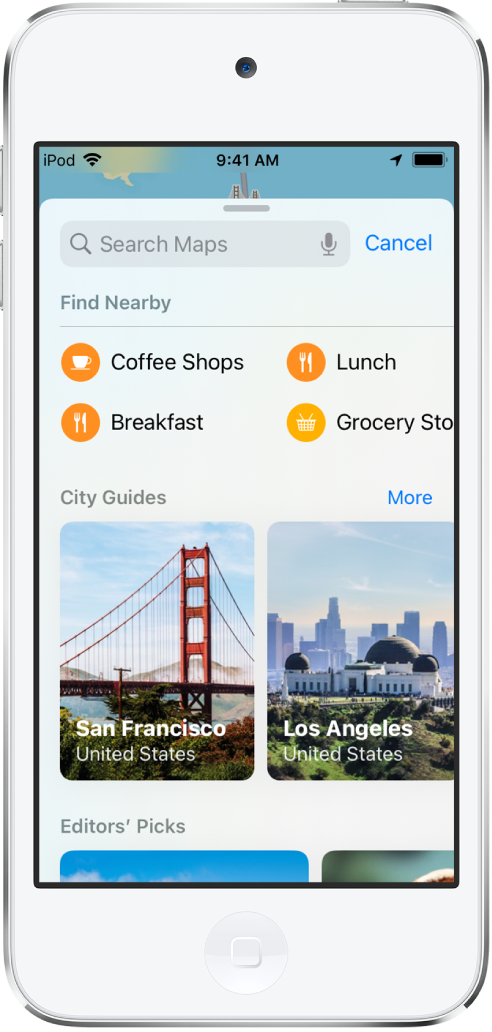 Pod vyhledávacím polem se zobrazují služby v blízkém okolí – kavárny, restaurace s nabídkou obědů a prodejny potravin