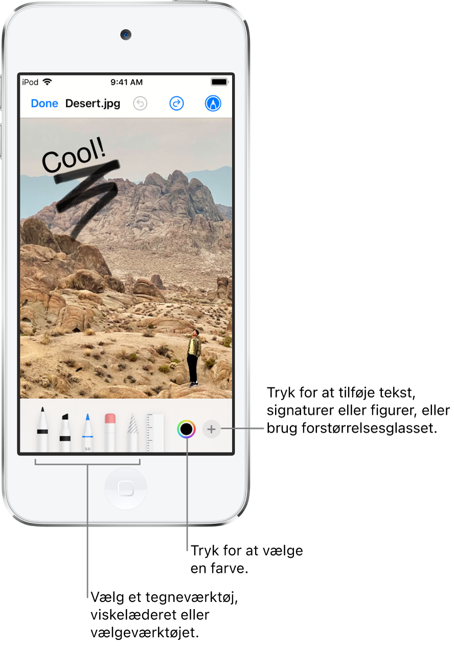 Et billede, der redigeres med Markering. Under billedet ses fra venstre mod højre er der knapper til markeringsværktøjerne: penne, viskelæderet, vælgeværktøjet, farver og knapper til at tilføje et tekstfelt, din signatur og figurer og til at vælge forstørrelsesglasset.