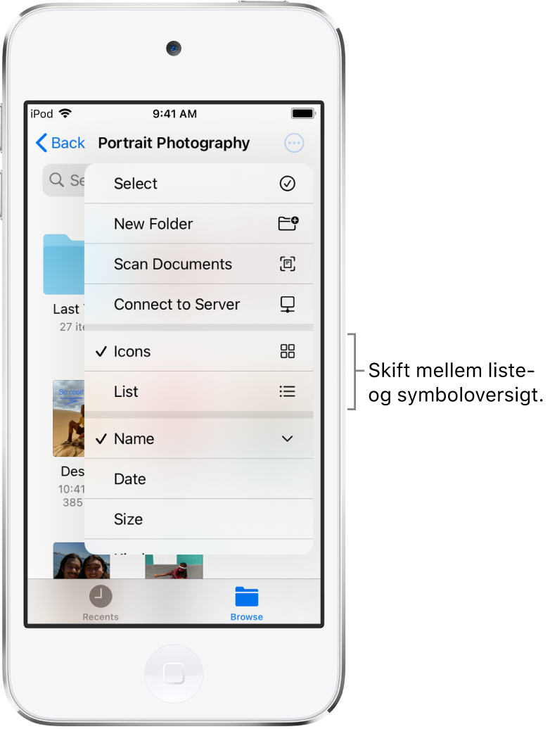 En iCloud Drive-placering til arkiver inden for fotografering. Emnerne er sorteret efter navn og består af en mappe, der hedder Cottage remodel, og seks dokumenter: Desert Stop, Karen Blue, Lakeside, Leafy Shadows, Mark Flip og Susan Green. Øverst til højre er der en knap, der kan bruges til at skifte mellem listeoversigt og symboloversigt.