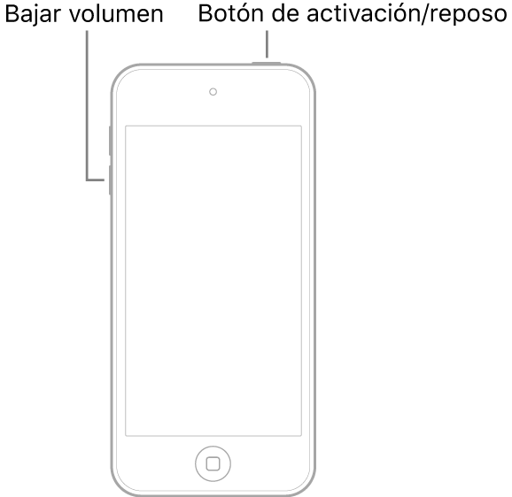 Ilustración de un iPod touch con la pantalla hacia arriba. En la parte superior del dispositivo está el botón de activación/reposo y el botón de bajar volumen se encuentra en el lado izquierdo del dispositivo.