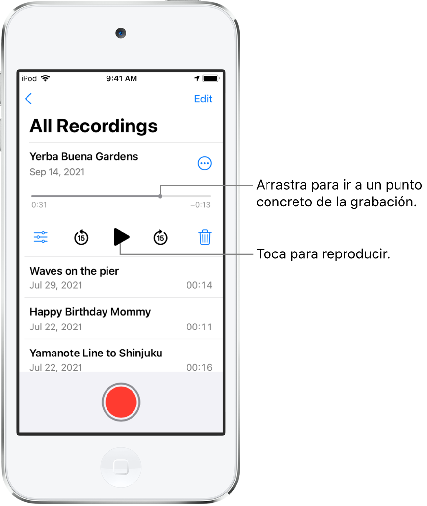 Pantalla de lista de Notas de Voz con una grabación seleccionada arriba. La línea de tiempo de la grabación tiene un cursor de reproducción, y tiempos de inicio y fin en los extremos. Debajo de la línea de tiempo se encuentra el botón Más (que puedes tocar para editar, duplicar o compartir una grabación), el botón de retroceder 15 segundos, el botón de reproducción, el botón de avanzar 15 segundos y el botón de eliminación. Debajo de estos controles hay una lista de grabaciones que se pueden abrir tocándolas.