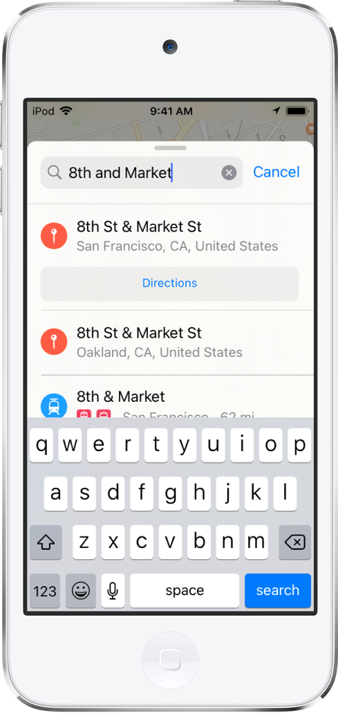 La fiche de recherche affichant une recherche vocale pour « 8th et Market » avec plusieurs résultats.