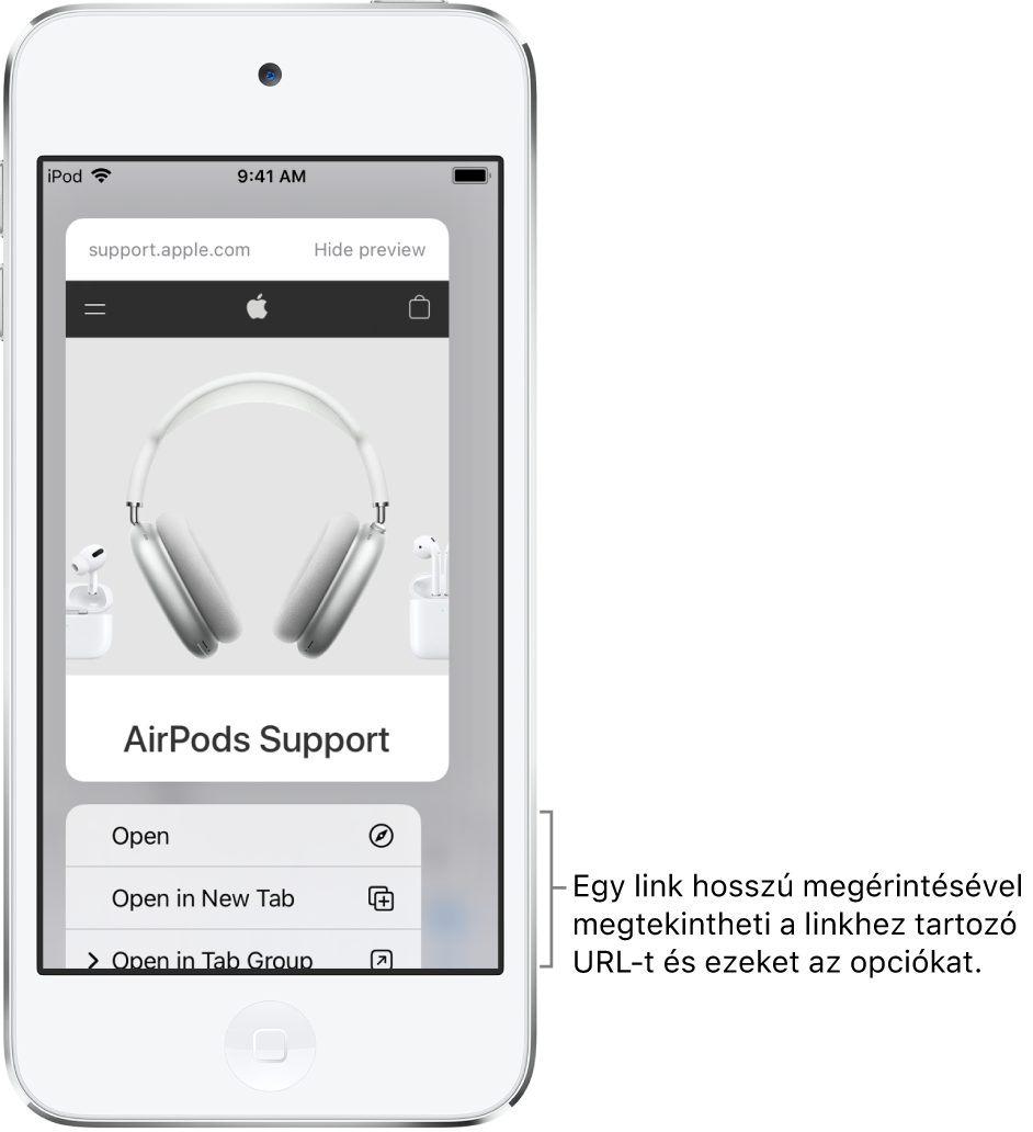 A célhely URL-jének előnézete a lehetséges műveletek listájával, amelyek a következők: Megnyitás, Megnyitás új lapon és Megnyitás a lapcsoportban.