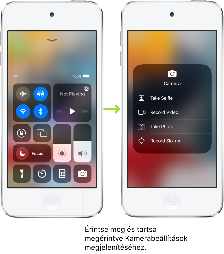 A Vezérlőközpont két képernyője egymás mellett – a bal oldali képernyőn vezérlők láthatók a repülőgép módhoz, a mobil adatforgalomhoz, a Wi-Fi-hez és a Bluetooth funkcióhoz a bal felső csoportban. A Kamera ikon a jobb alsó részen látható. A jobb oldali képernyőn további opciók láthatók a Kamerához használható gyorsműveletek menüben. Ezek az opciók a következők: Szelfi készítése, Videó készítése, Fotó készítése és Lassított felvétel.